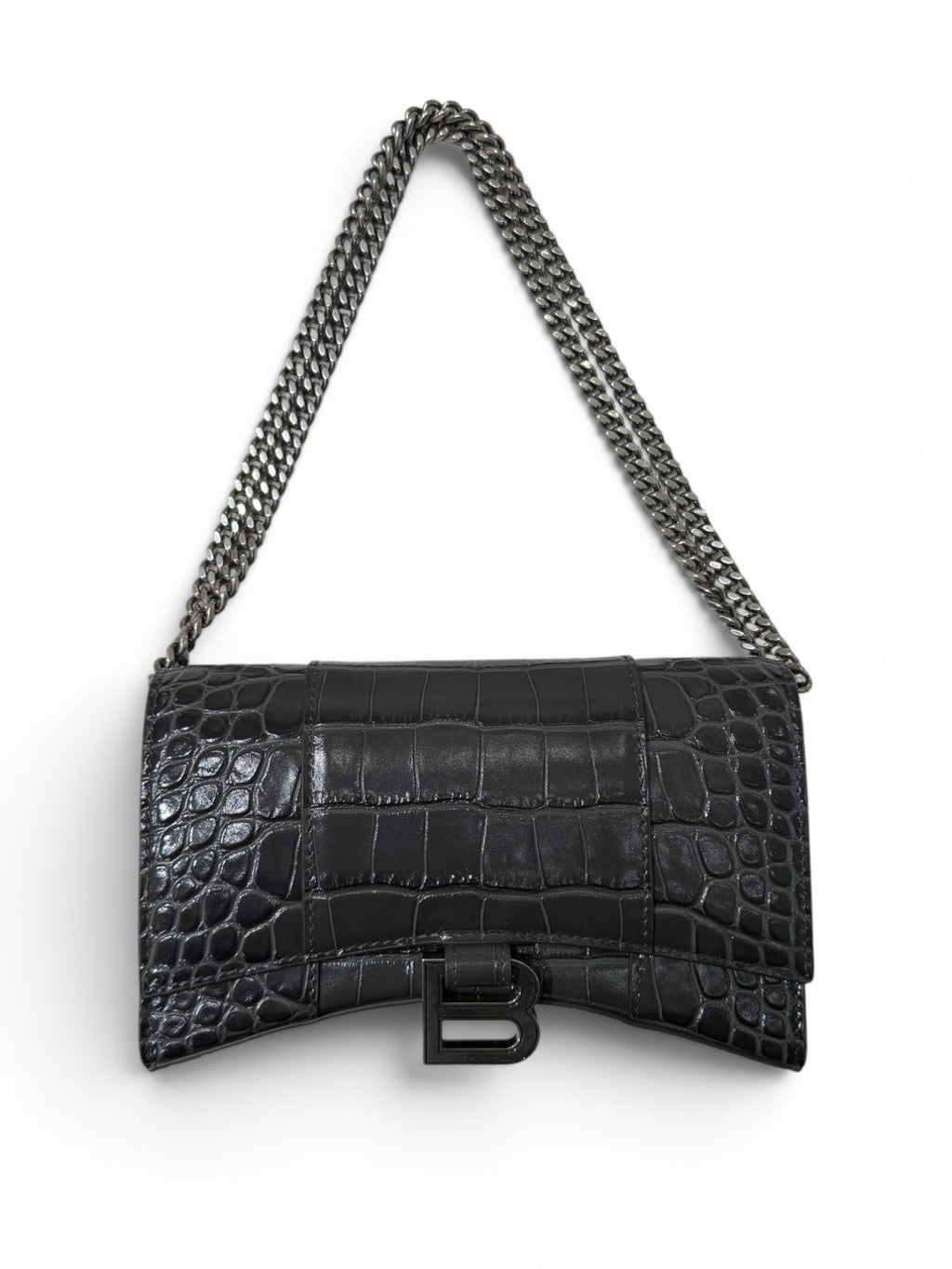 Balenciaga Embossed Croc Leather Hourglass clutch with chain
