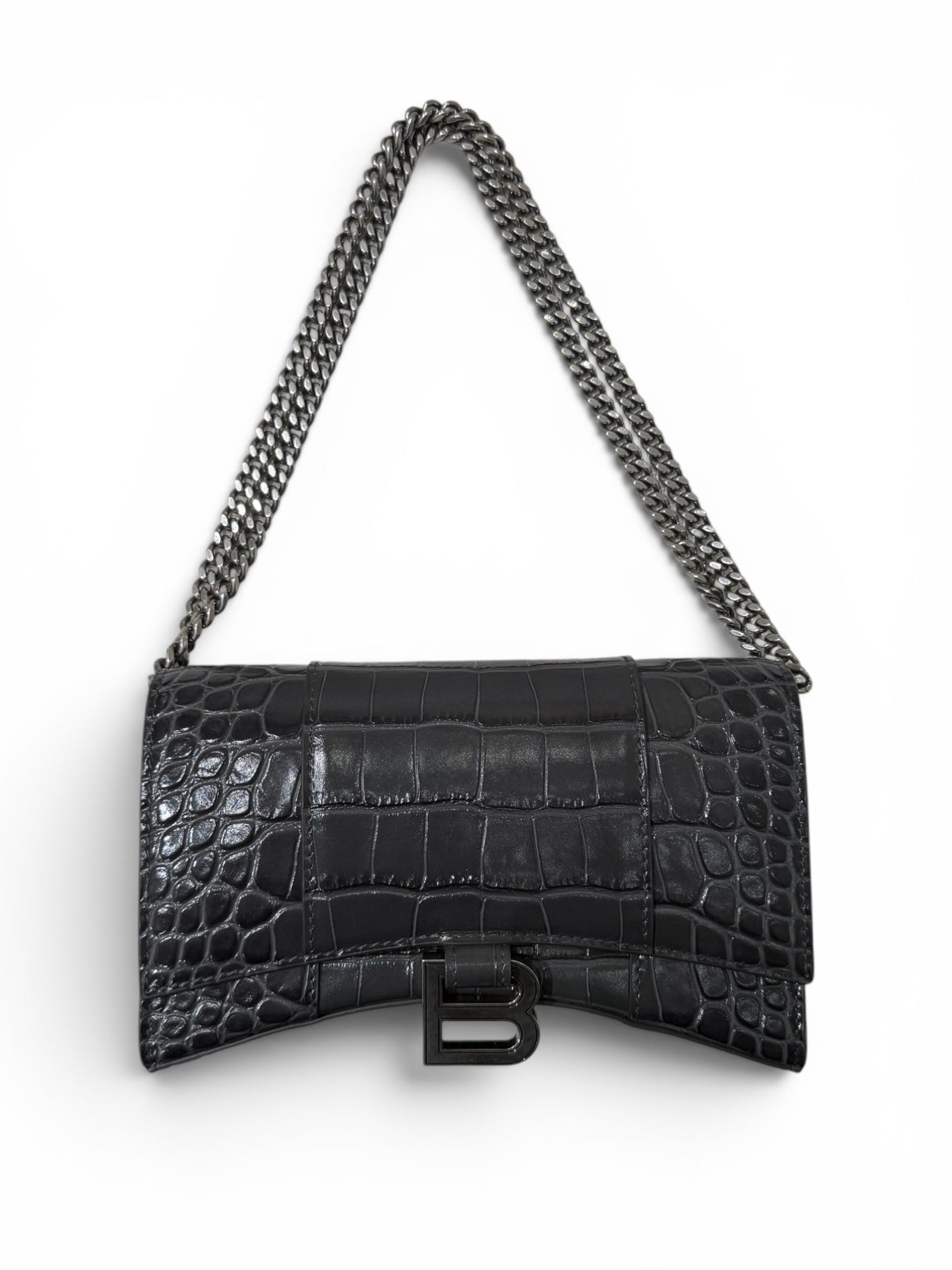 Balenciaga Embossed Croc Leather Hourglass clutch with chain