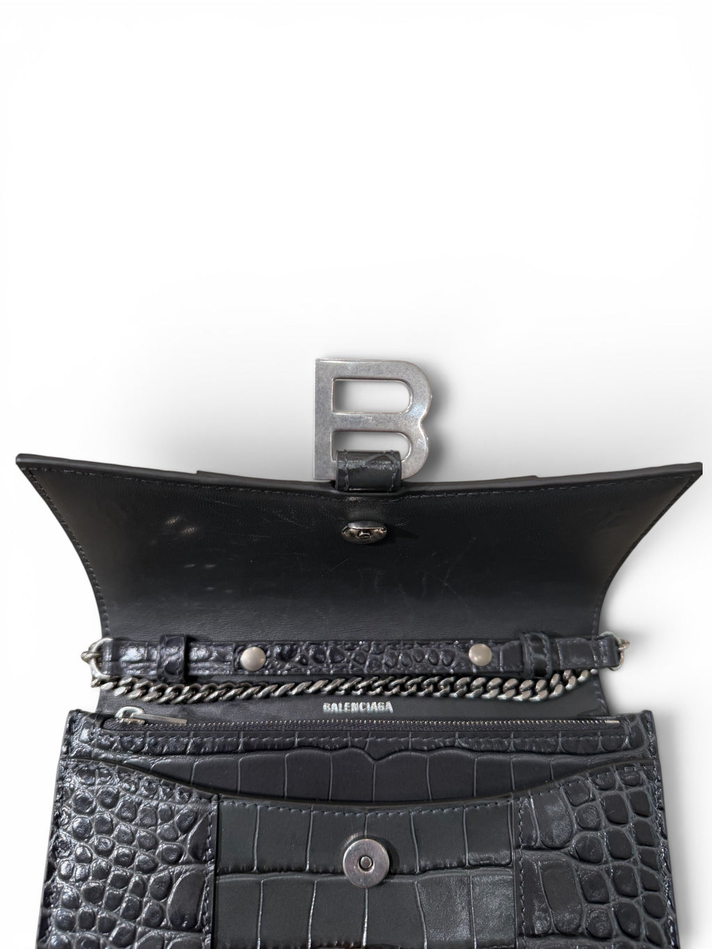 Balenciaga Embossed Croc Leather Hourglass clutch with chain