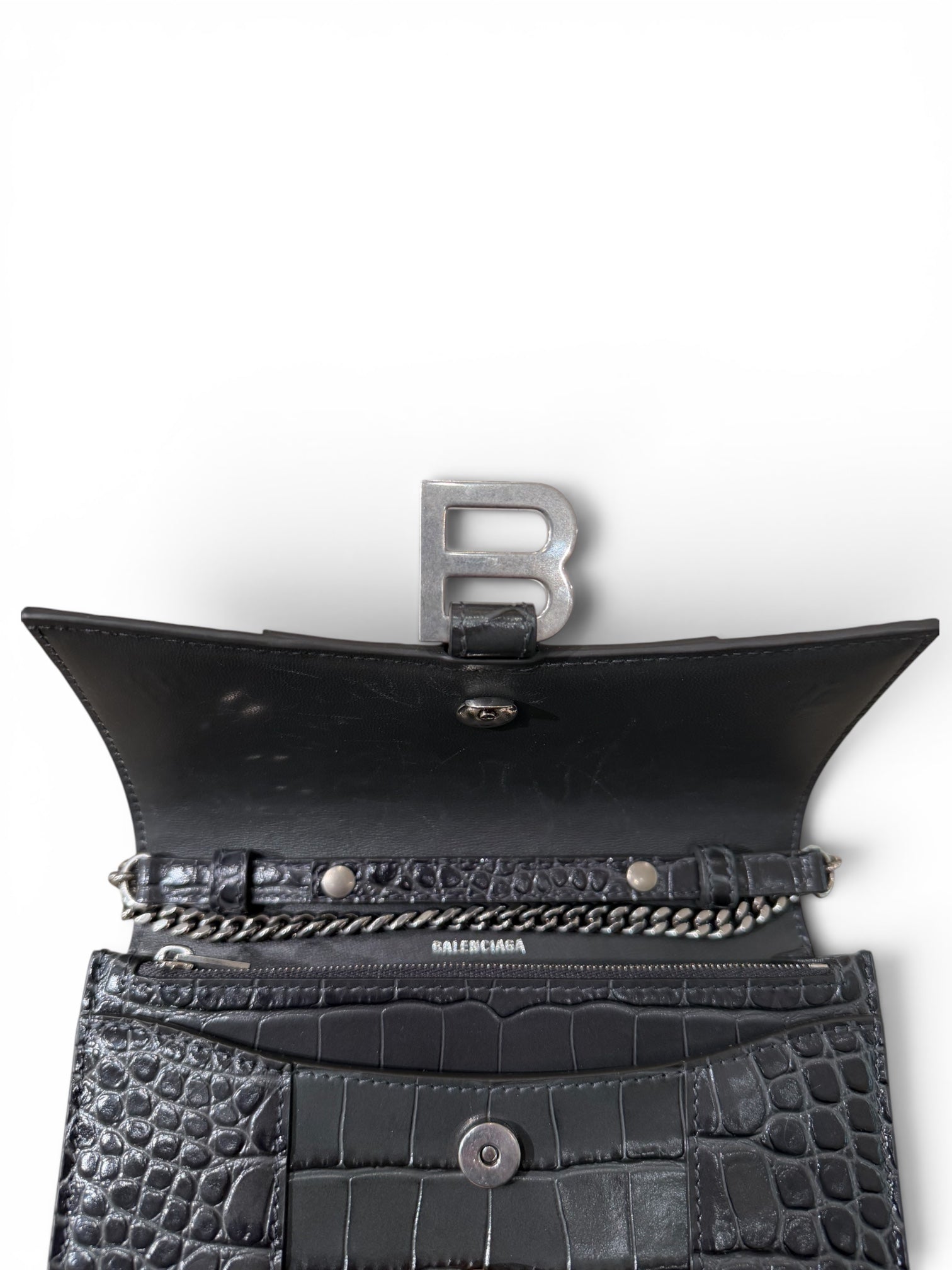 Balenciaga Embossed Croc Leather Hourglass clutch with chain