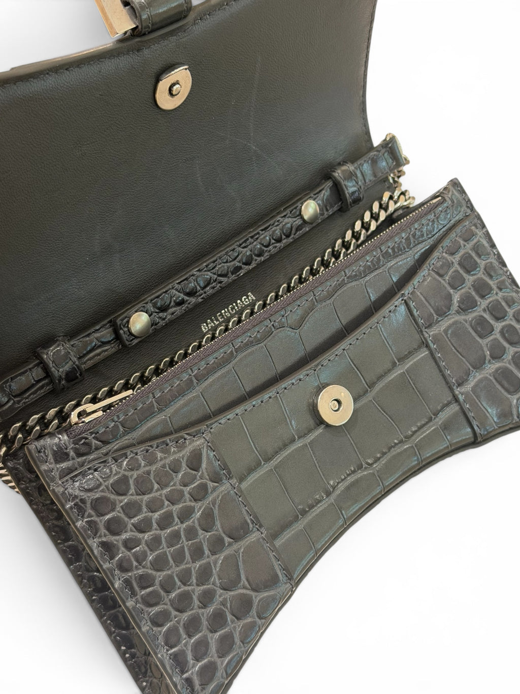 Balenciaga Embossed Croc Leather Hourglass clutch with chain