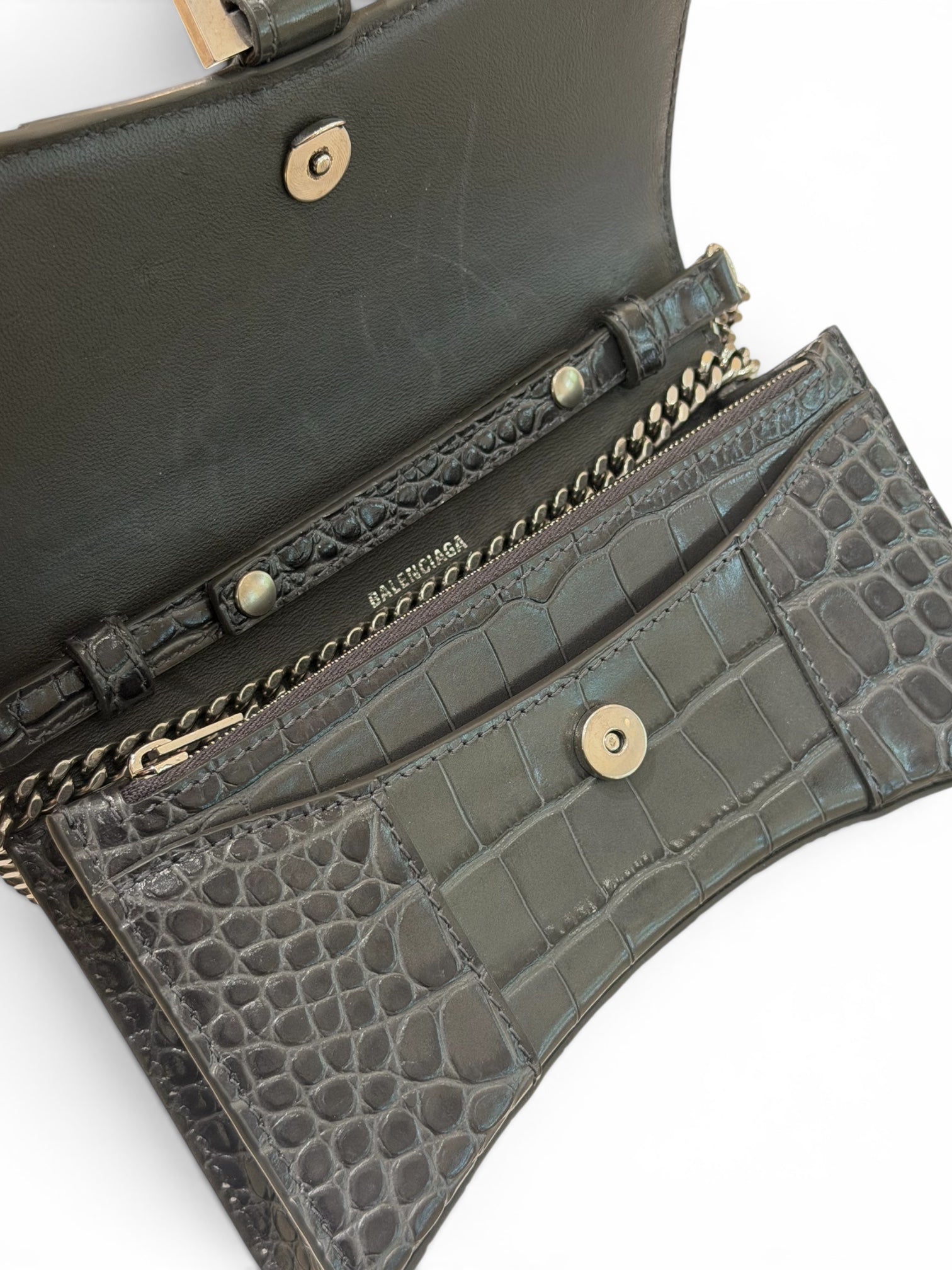 Balenciaga Embossed Croc Leather Hourglass clutch with chain