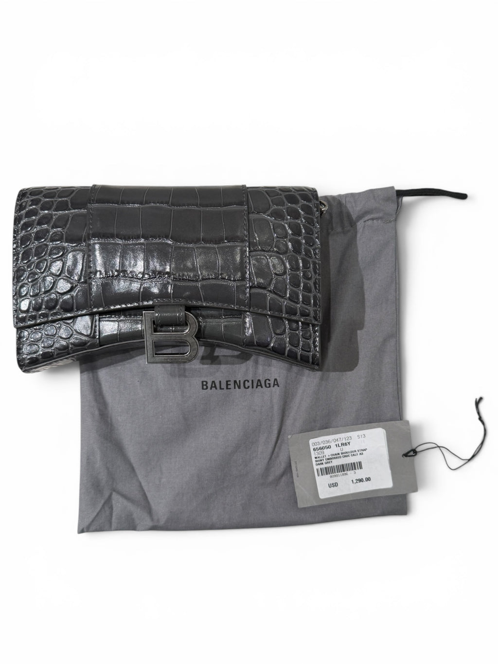 Balenciaga Embossed Croc Leather Hourglass clutch with chain